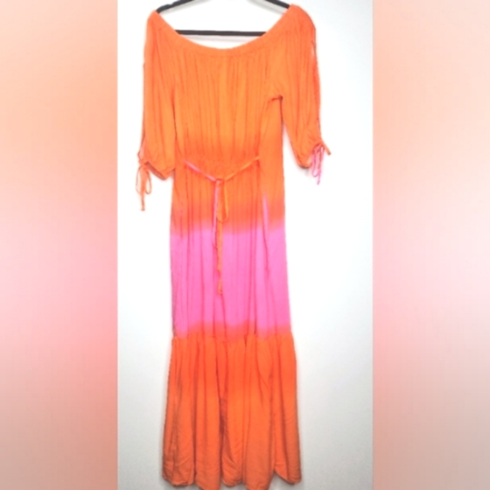 Linea Donatella L Orange Pink Off Shoulder Rayon Blend Breathable Maxi Sundress - Picture 2 of 5